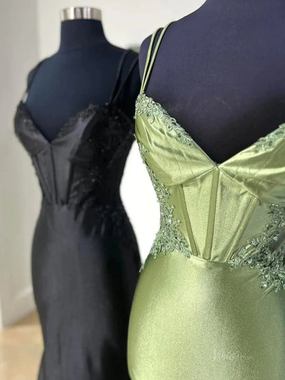 Satin Mermaid Prom Dresses 2025 with Lace Applique, V-Neck & Spaghetti Strap – FD5061-prom dresses 2025 -Viniodress-Green-Custom Size-