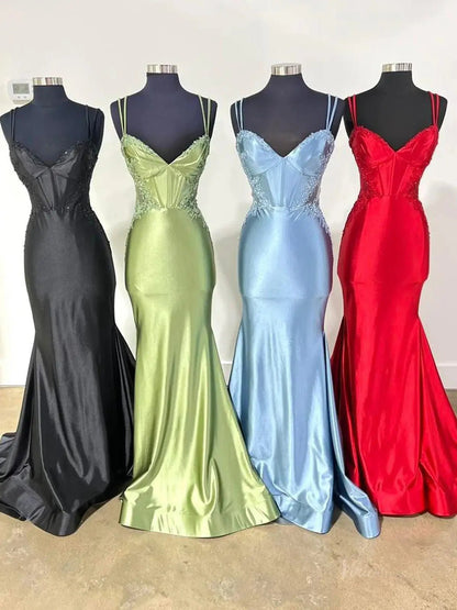 Satin Mermaid Prom Dresses 2025 with Lace Applique, V-Neck & Spaghetti Strap – FD5061-prom dresses 2025 -Viniodress-Green-Custom Size-