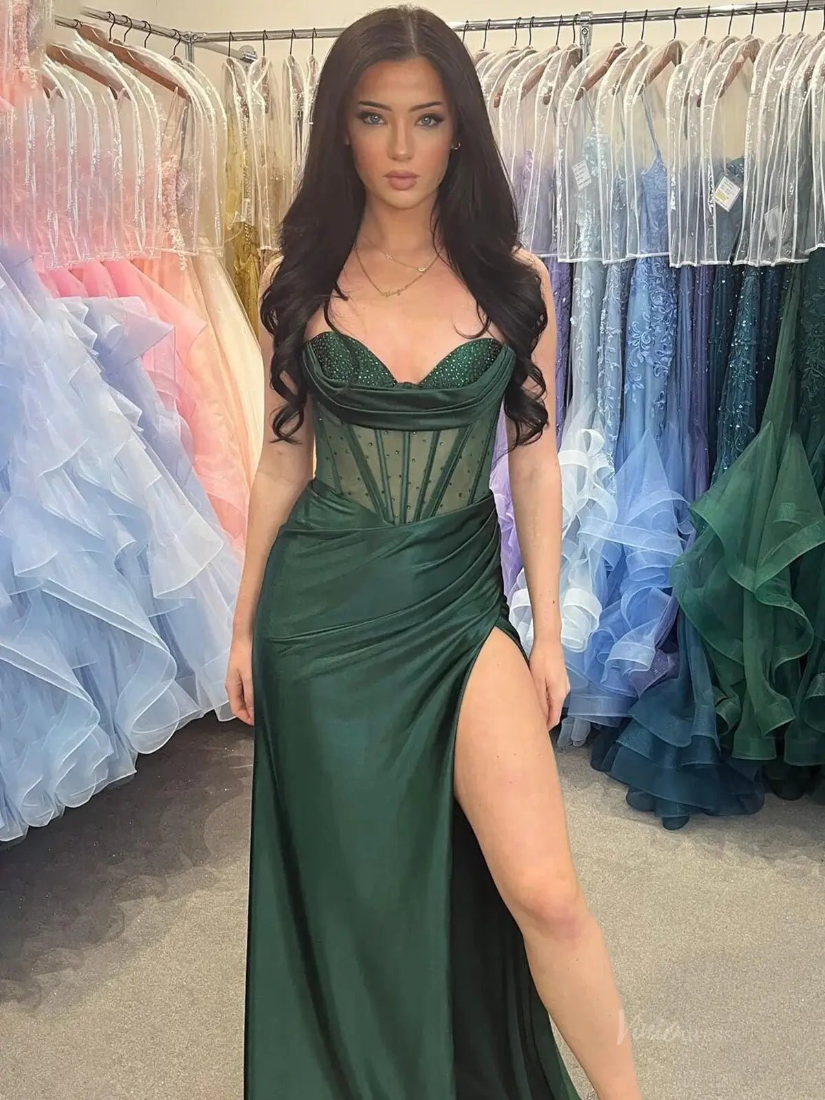 Satin Mermaid Prom Dresses 2025 with Slit, Sheer Boned Bodice & Spaghetti Strap – FD5064 - Viniodressprom dressesGreenCustom Size - Formal Dresses - Ball Gowns