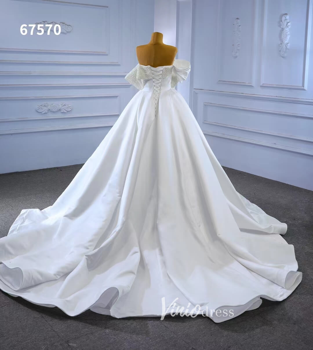 Satin Overskirt Pearl Wedding Dresses Off the Shoulder Bridal Gown 67570-wedding dresses 2025 -Viniodress-Ivory-Custom Size-