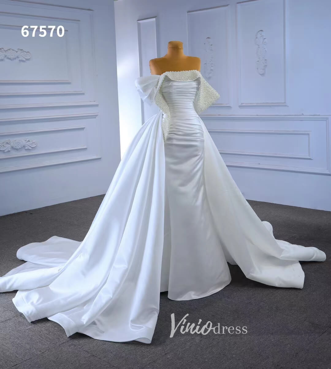 Satin Overskirt Pearl Wedding Dresses Off the Shoulder Bridal Gown 67570-wedding dresses 2025 -Viniodress-Ivory-Custom Size-