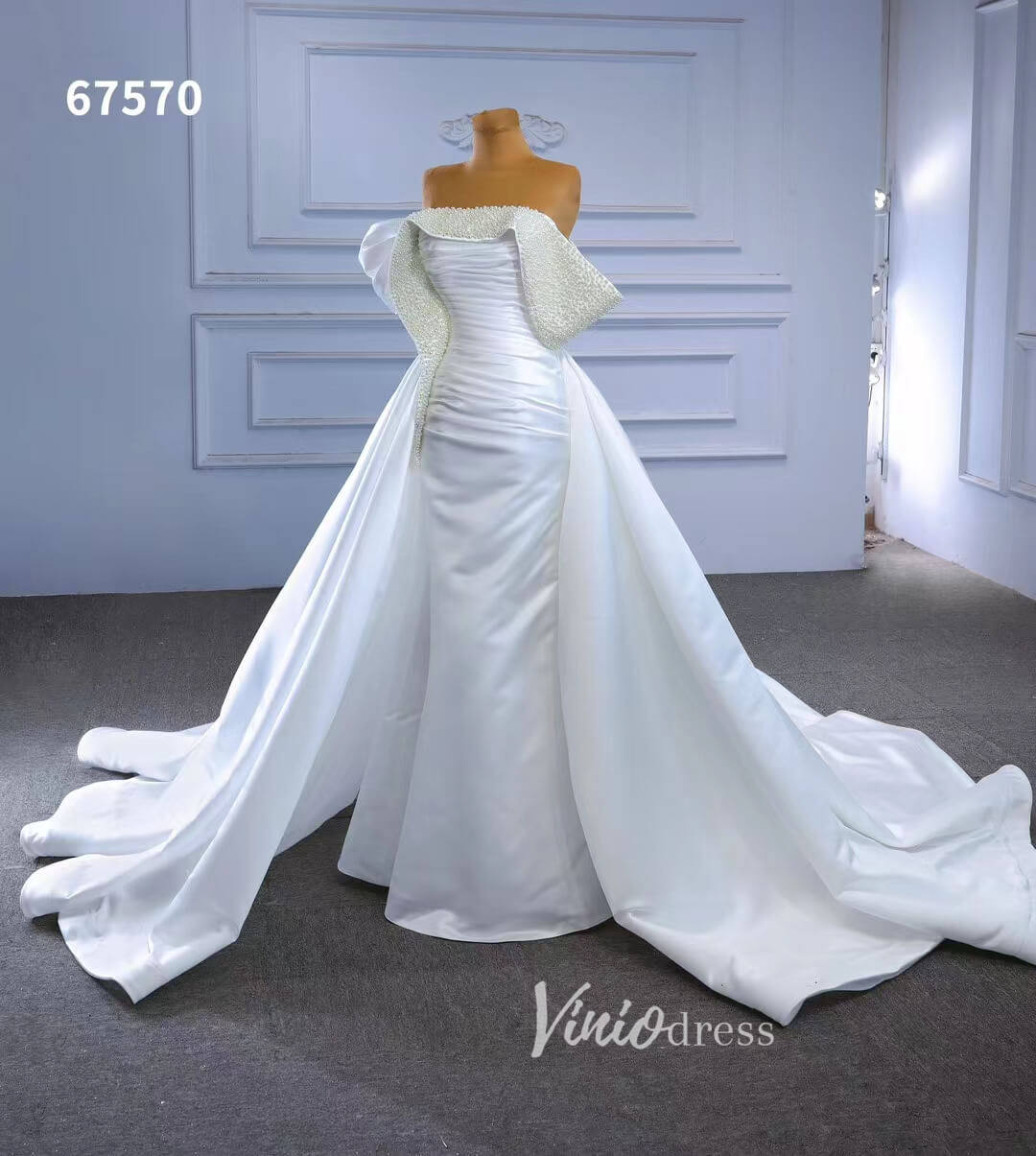 Satin Overskirt Pearl Wedding Dresses Off the Shoulder Bridal Gown 67570-wedding dresses 2025 -Viniodress-Ivory-Custom Size-