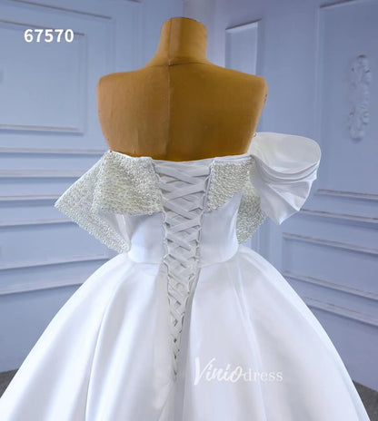 Satin Overskirt Pearl Wedding Dresses Off the Shoulder Bridal Gown 67570-wedding dresses 2025 -Viniodress-Ivory-Custom Size-