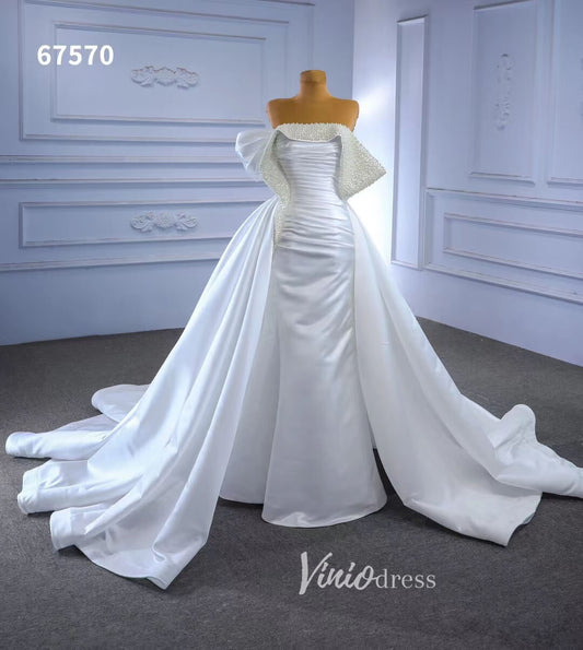 Satin Overskirt Pearl Wedding Dresses Off the Shoulder Bridal Gown 67570-wedding dresses 2025 -Viniodress-Ivory-Custom Size-
