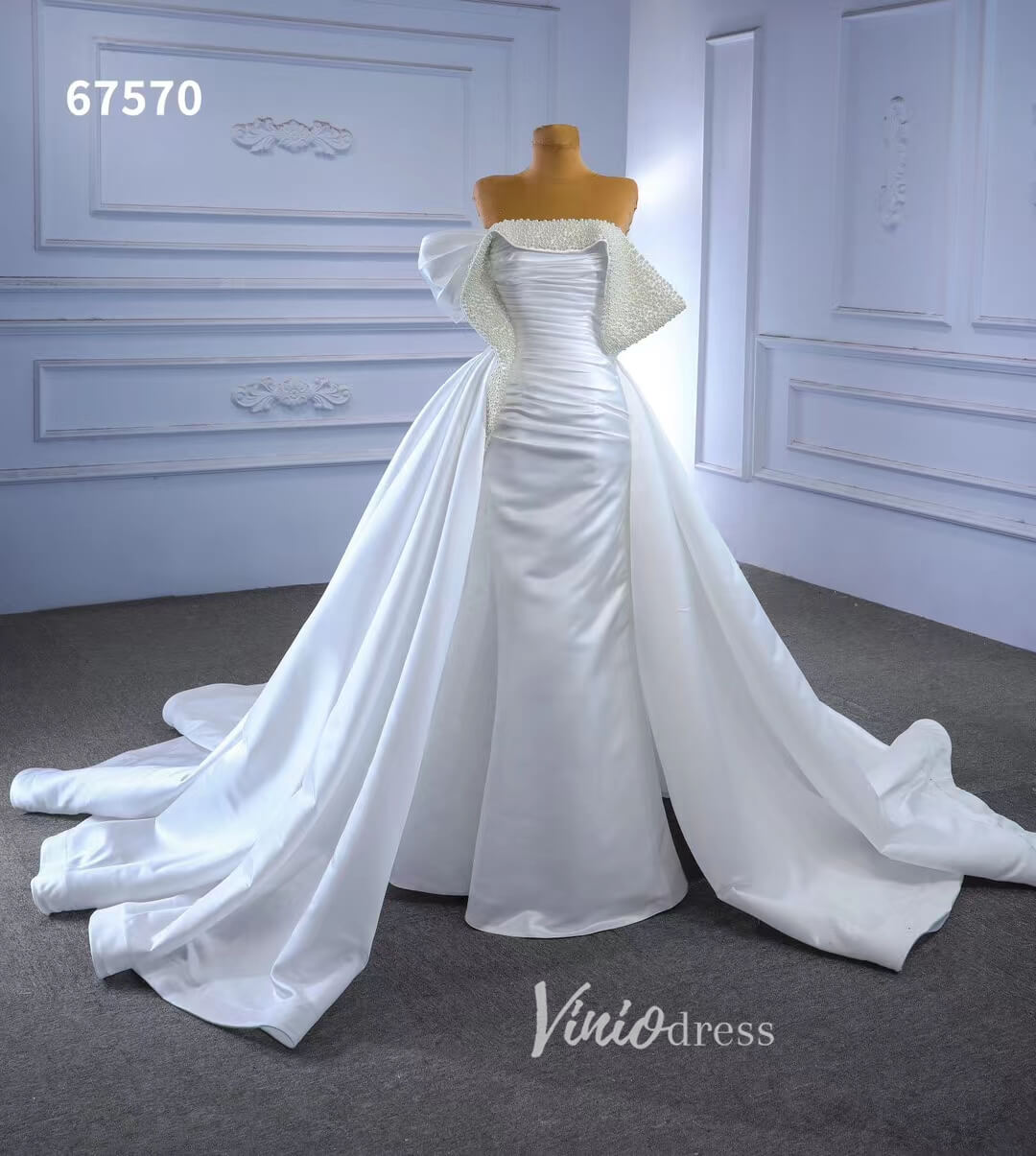 Satin Overskirt Pearl Wedding Dresses Off the Shoulder Bridal Gown 67570-wedding dresses-Viniodress-Viniodress