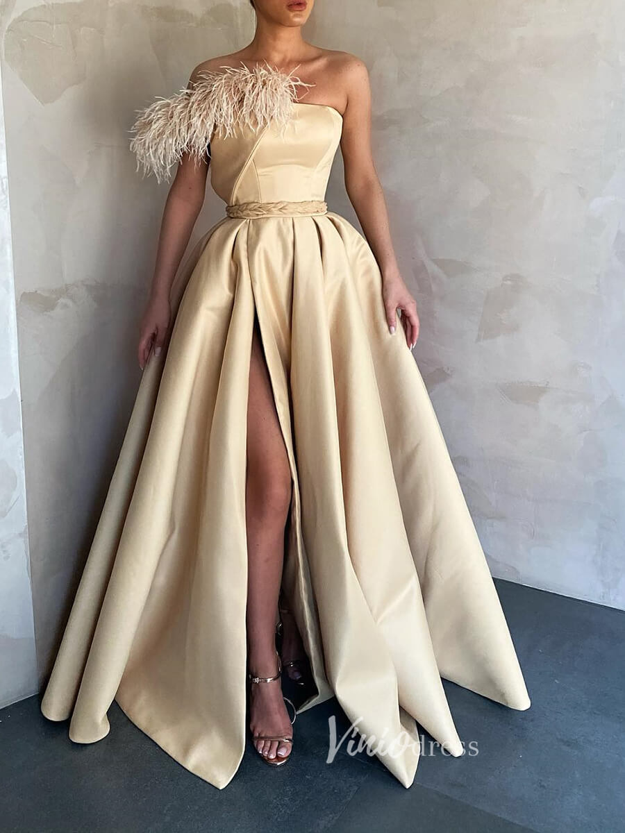 Satin Prom Dress with Slit One Shoulder Feather Sleeve Evening Gown with Pockets FD3145-prom dresses 2025 -Viniodress-Champagne-Custom Size-