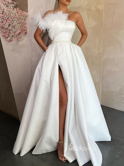 Satin Prom Dress with Slit One Shoulder Feather Sleeve Evening Gown with Pockets FD3145-prom dresses 2025 -Viniodress-Ivory-Custom Size-