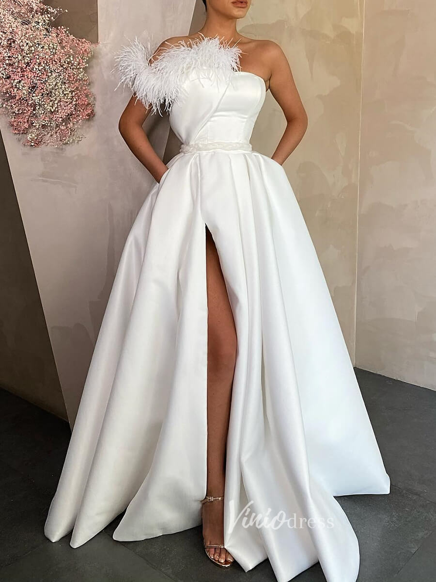 Satin Prom Dress with Slit One Shoulder Feather Sleeve Evening Gown with Pockets FD3145-prom dresses 2025 -Viniodress-Ivory-Custom Size-