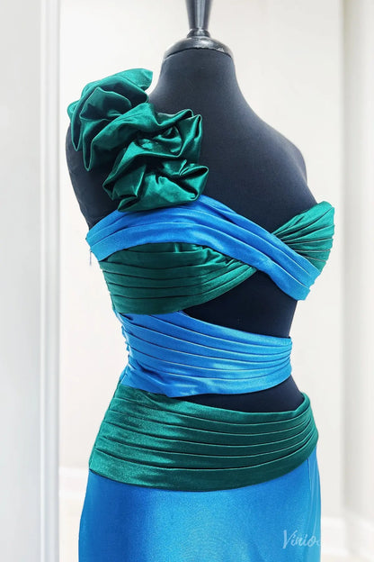 Satin Sheath Prom Dresses with Slit, Ruffled One Shoulder & Crossed Bodice - FD6040-prom dresses 2026-Viniodress-Blue-Custom Size-