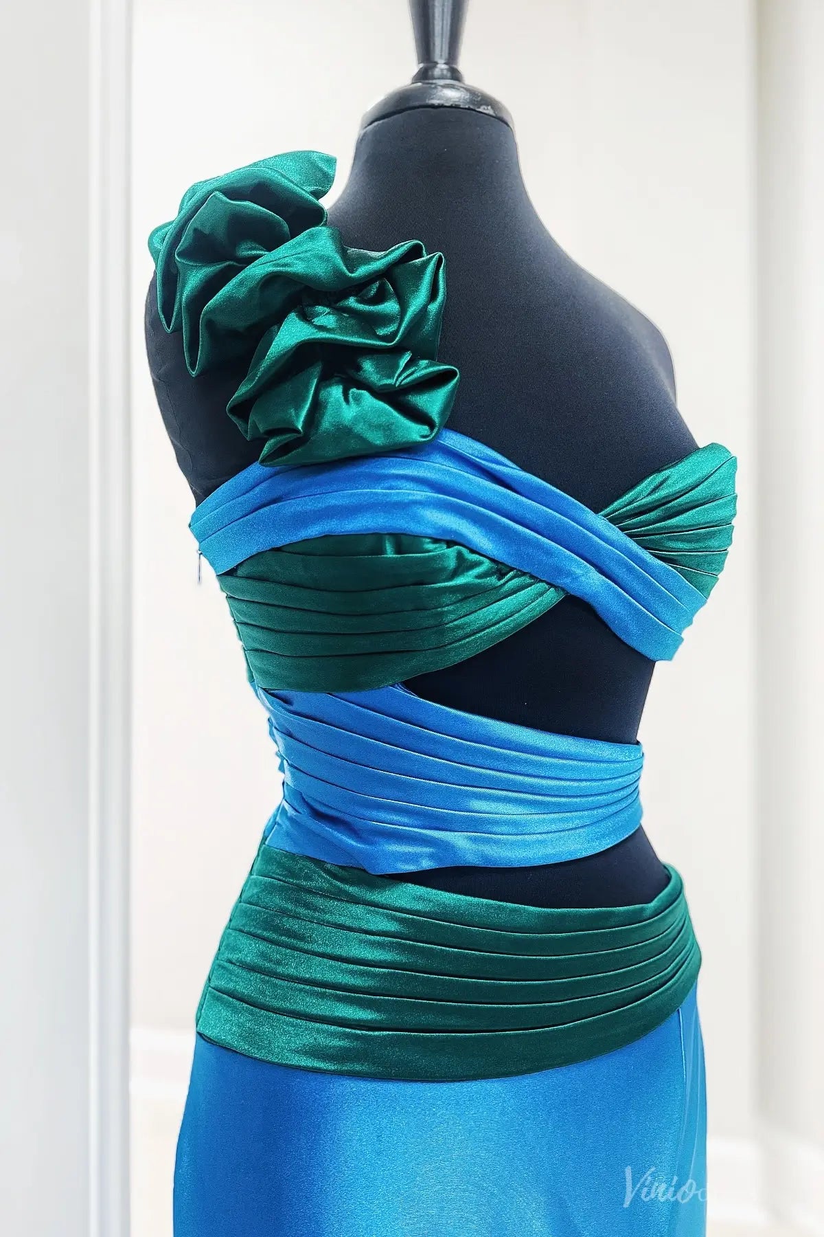 Satin Sheath Prom Dresses with Slit, Ruffled One Shoulder & Crossed Bodice - FD6040-prom dresses 2026-Viniodress-Blue-Custom Size-