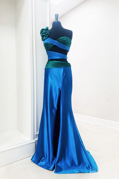 Satin Sheath Prom Dresses with Slit, Ruffled One Shoulder & Crossed Bodice - FD6040-prom dresses 2026-Viniodress-Blue-Custom Size-