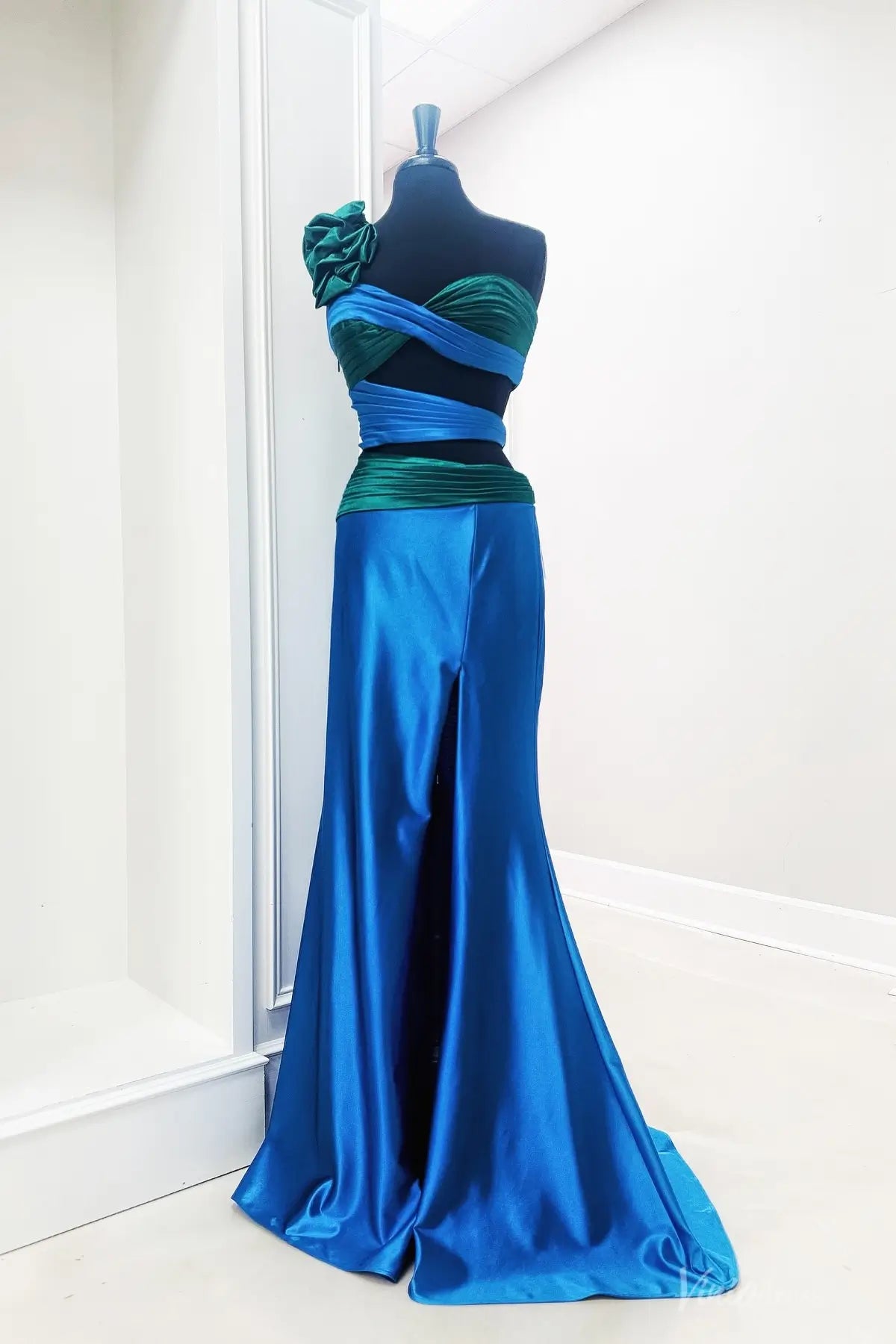 Satin Sheath Prom Dresses with Slit, Ruffled One Shoulder & Crossed Bodice - FD6040-prom dresses 2026-Viniodress-Blue-Custom Size-