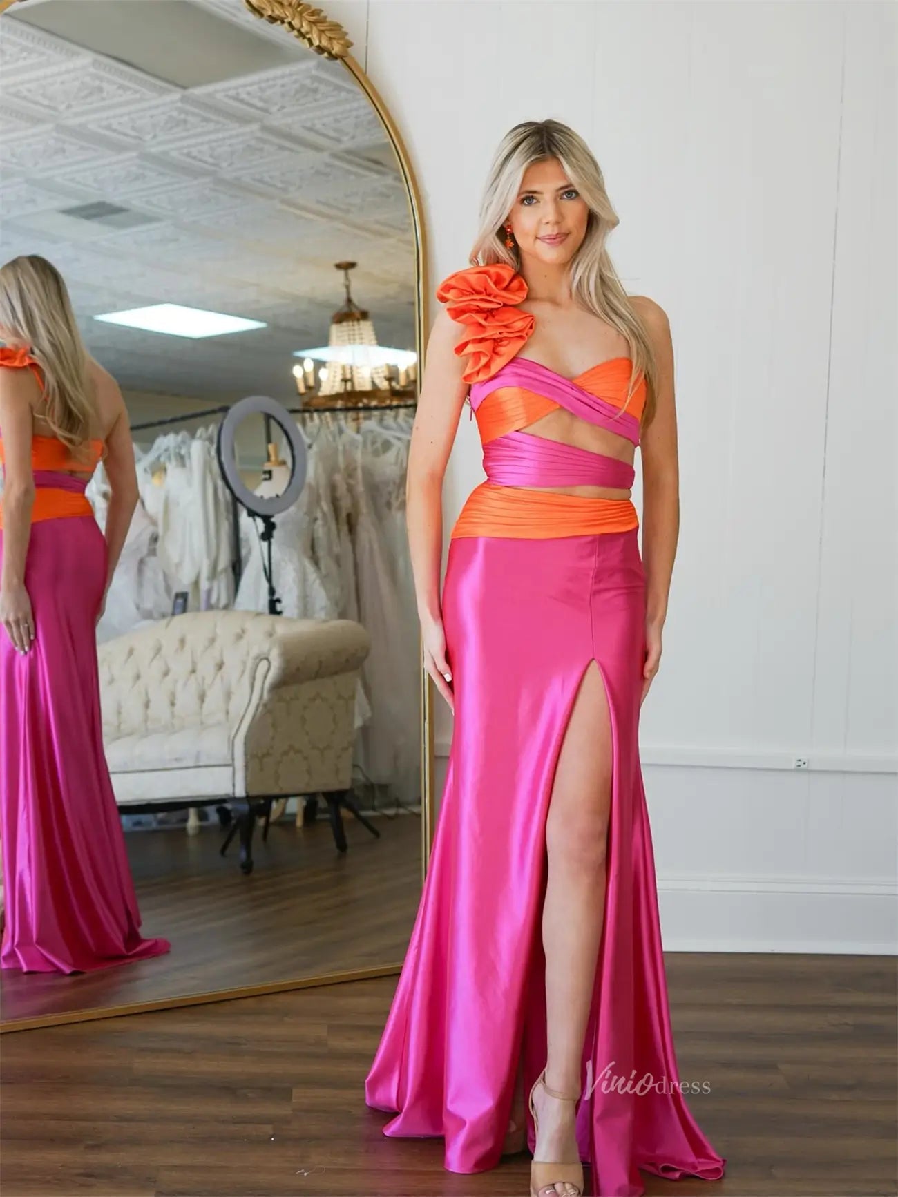 Satin Sheath Prom Dresses with Slit, Ruffled One Shoulder & Crossed Bodice - FD6040-prom dresses 2025 -Viniodress-Orange-Custom Size-