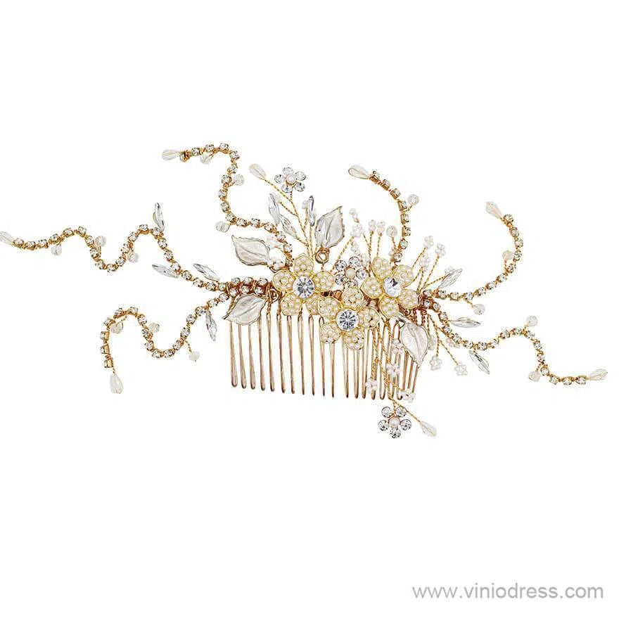 Scattered Crystal Floral Silver Bridal Comb ACC1137-Headpieces 2025 -Viniodress-Gold-