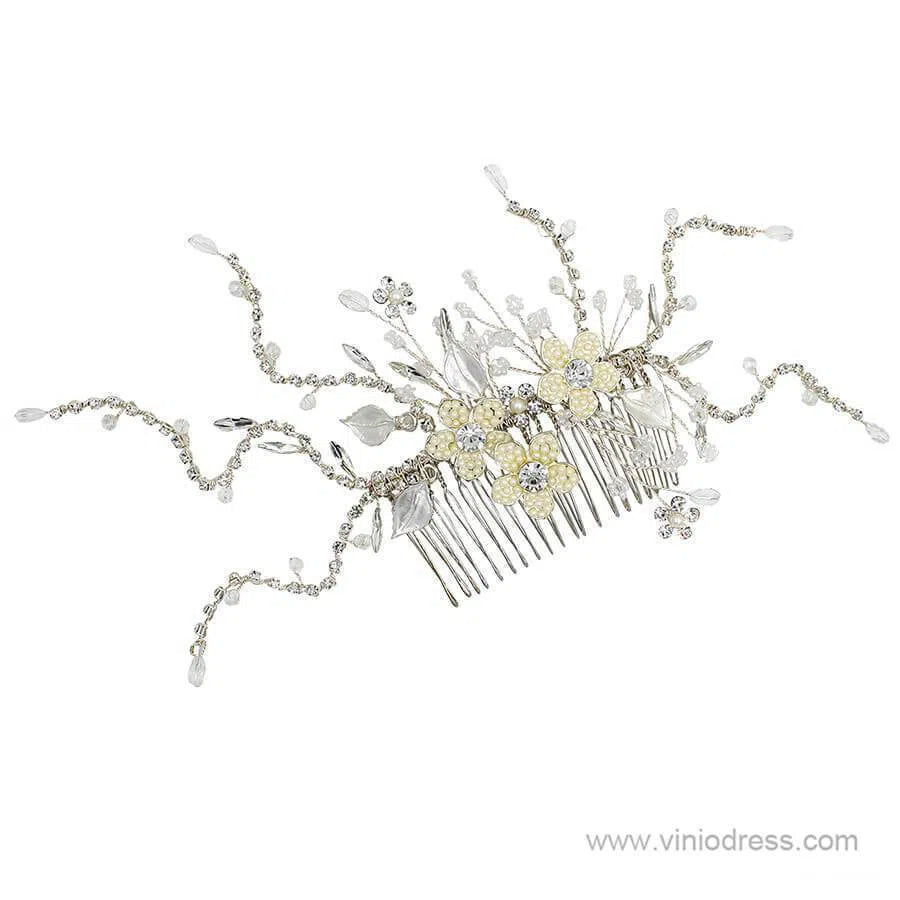 Scattered Crystal Floral Silver Bridal Comb ACC1137-Headpieces 2025 -Viniodress-Silver-