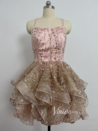 Scoop Neckline Sparkly Ruffle Homecoming Dresses Layered Hoco Dress SD1236B-Homecoming Dresses 2025 -Viniodress-Pink-Custom Size-
