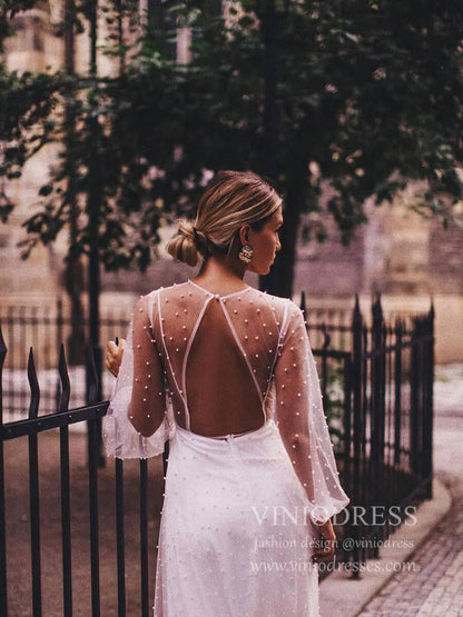 See Through Pearl Tulle Beach Wedding Dresses with Fluffy Long Sleeves VW1445-wedding dresses 2025 -Viniodress-Ivory-Custom Size-