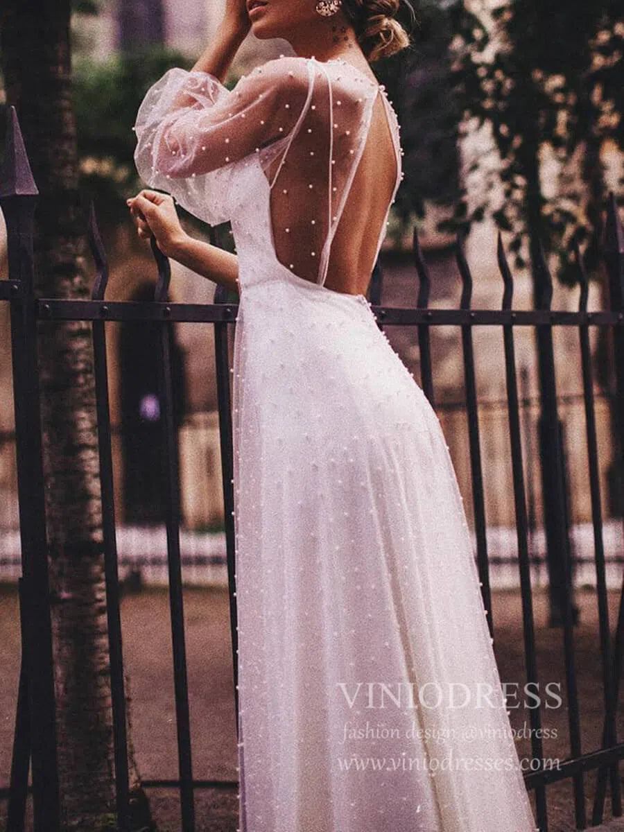 See Through Pearl Tulle Beach Wedding Dresses with Fluffy Long Sleeves VW1445-wedding dresses 2025 -Viniodress-Ivory-Custom Size-