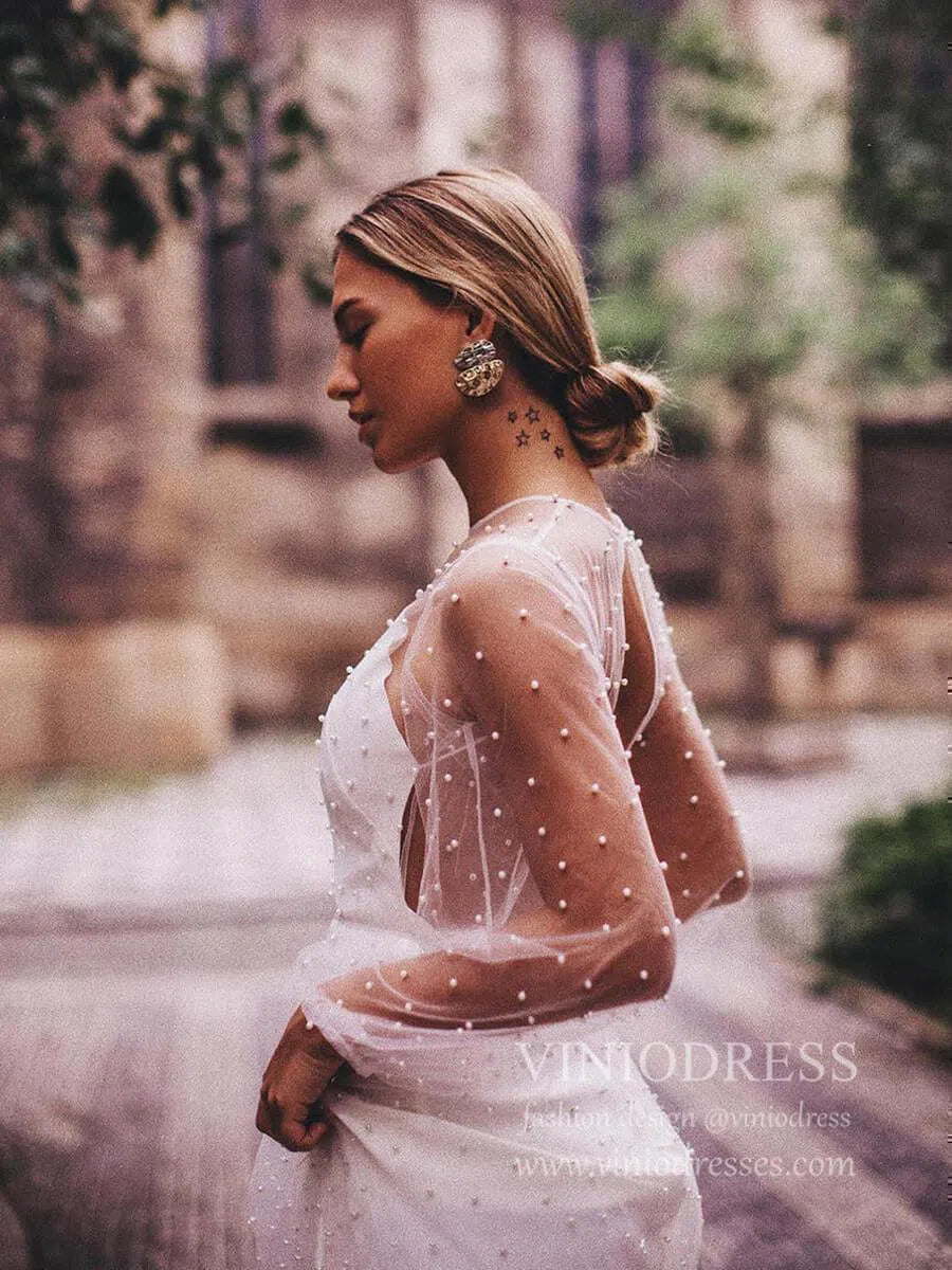 See Through Pearl Tulle Beach Wedding Dresses with Fluffy Long Sleeves VW1445-wedding dresses 2025 -Viniodress-Ivory-Custom Size-