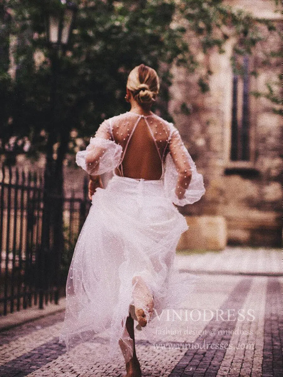 See Through Pearl Tulle Beach Wedding Dresses with Fluffy Long Sleeves VW1445-wedding dresses 2025 -Viniodress-Ivory-Custom Size-