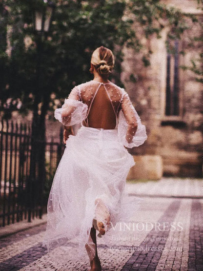 See Through Pearl Tulle Beach Wedding Dresses with Fluffy Long Sleeves VW1445-wedding dresses 2025 -Viniodress-Ivory-Custom Size-
