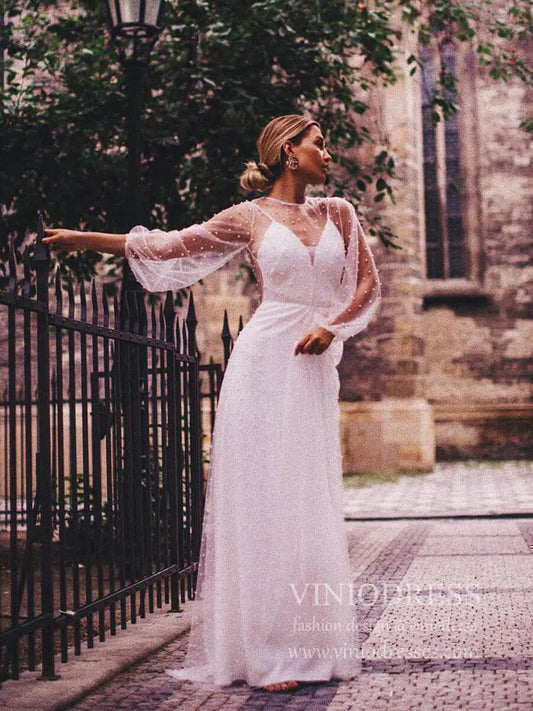 See Through Pearl Tulle Beach Wedding Dresses with Fluffy Long Sleeves VW1445-wedding dresses 2025 -Viniodress-Ivory-Custom Size-