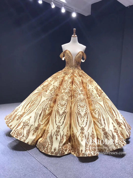 Sequin Lace Ball Gowns Emerald Green Quinceanera Dresses 66661 viniodress-Quinceanera Dresses 2025 -Viniodress-Gold-Custom Size-