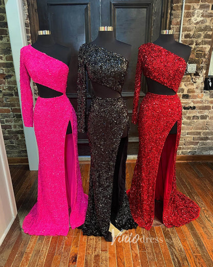 Sequin Prom Dresses With Slit Mermaid One Shoulder Long Sleeve Evening Dress FD3125-prom dresses 2025 -Viniodress-Fuchsia-Custom Size-
