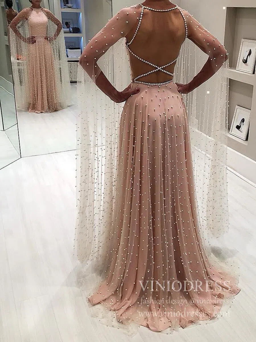 Prom Dress 2025 Sexy Backless Pearl Prom Dresses with Cap Sleeves FD1749-unique prom dresses-As Picture-Custom Size-Viniodress