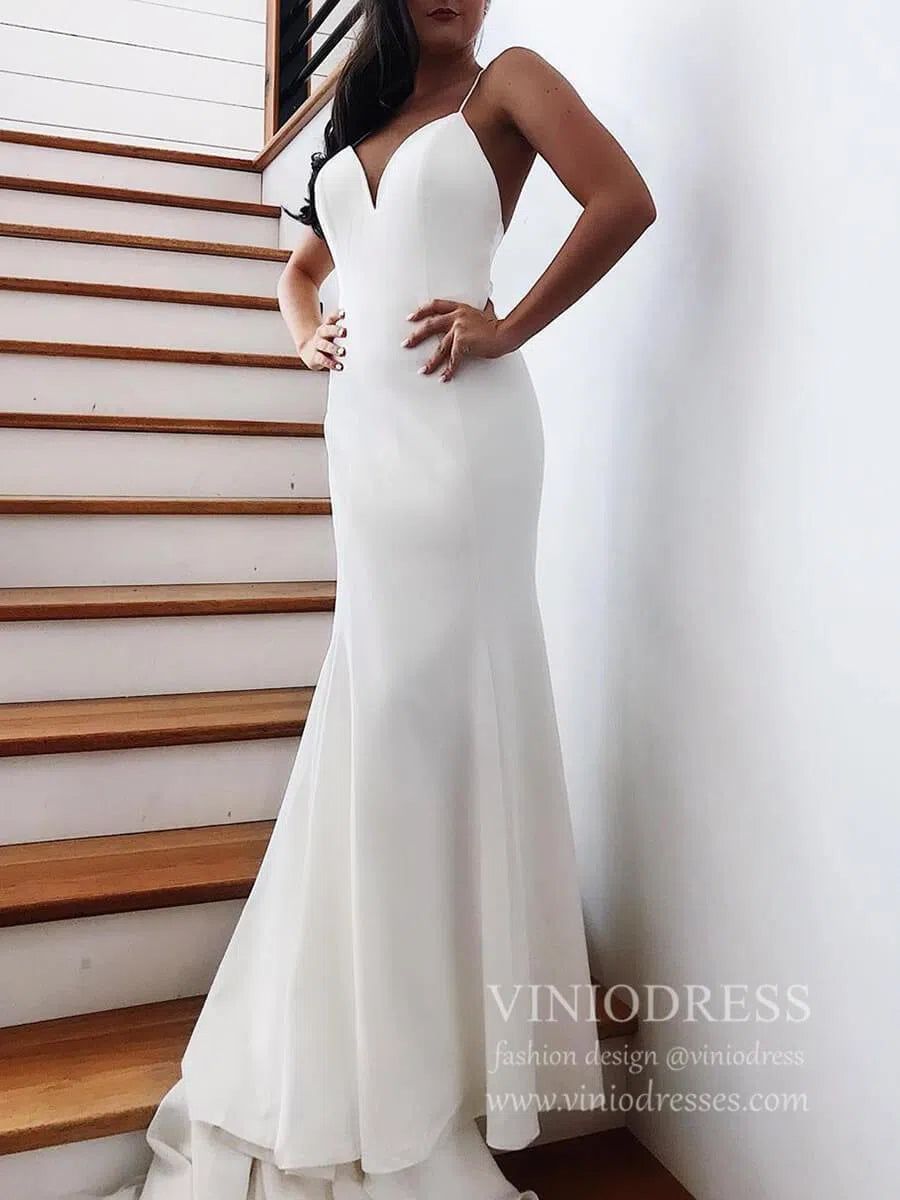 Sexy Backless Simple Mermaid Wedding Dresses with Train VW1448-wedding dresses-Viniodress-Viniodress