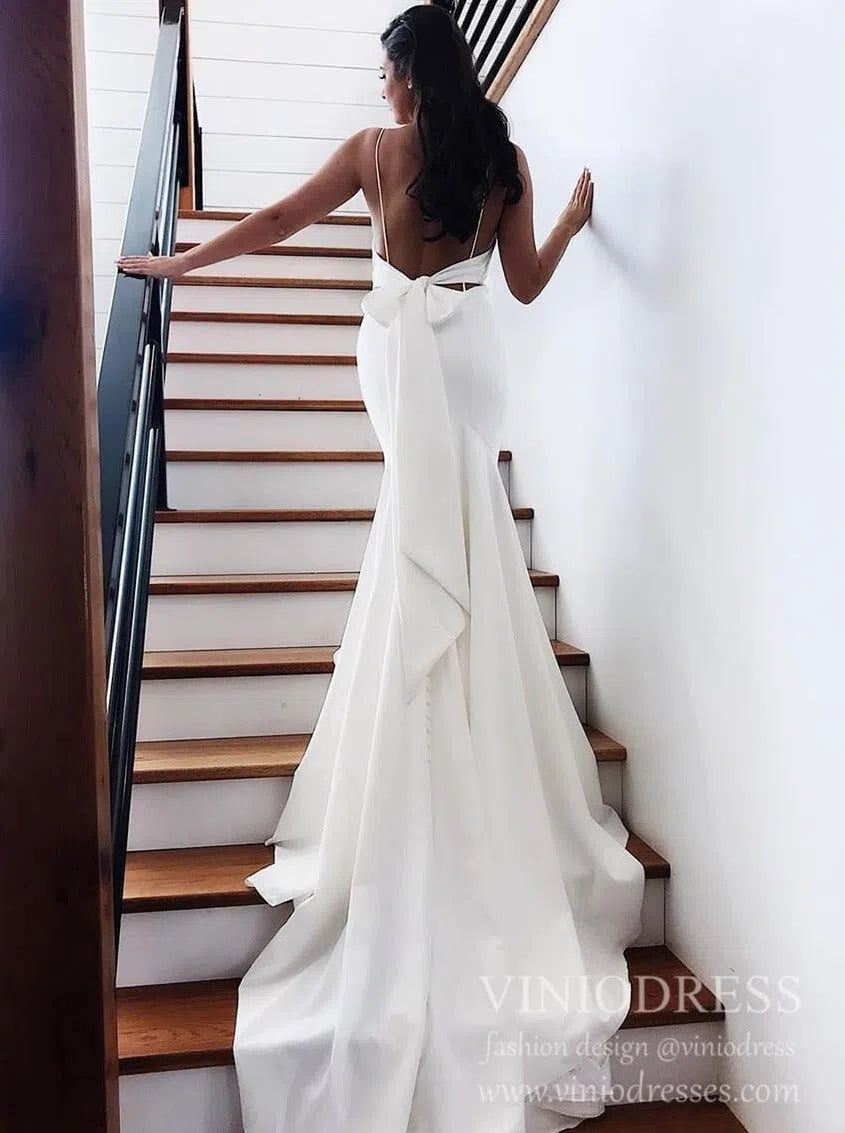 Sexy Backless Simple Mermaid Wedding Dresses with Train VW1448-wedding dresses-Viniodress-Ivory-Custom Size-Viniodress