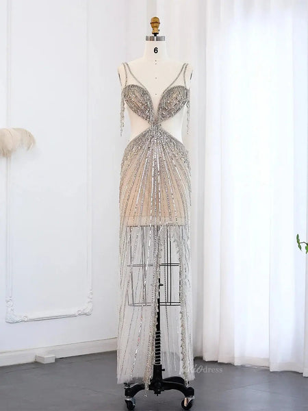 Sexy Beaded Prom Dresses Sheer Nude Vintage Met Gala Dresses BD003   Viniodress