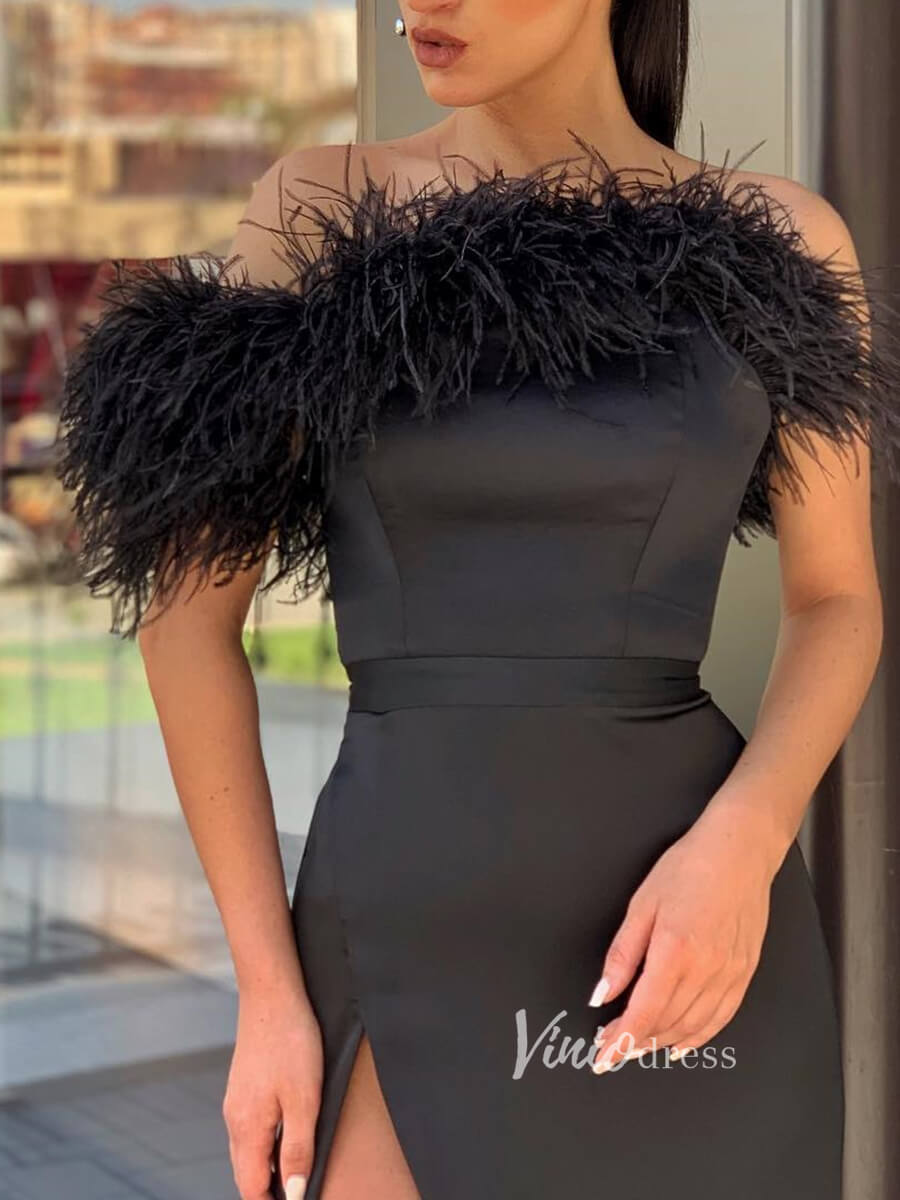 Sexy Black Formal Evening Dress with Slit Sheath Feather Prom Dress FD2798-prom dresses 2025 -Viniodress-Black-Custom Size-