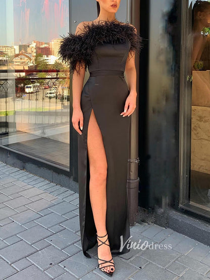 Sexy Black Formal Evening Dress with Slit Sheath Feather Prom Dress FD2798-prom dresses 2025 -Viniodress-Black-Custom Size-