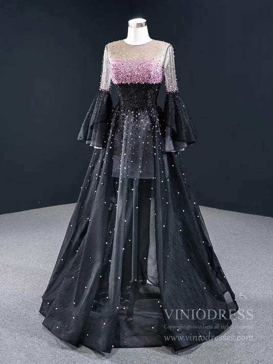 Sexy Black Prom Dresses Flare Sleeve Beaded Pink Formal Dress FD2440 viniodress-Evening Dresses 2025 -Viniodress-As Picture-Custom Size-