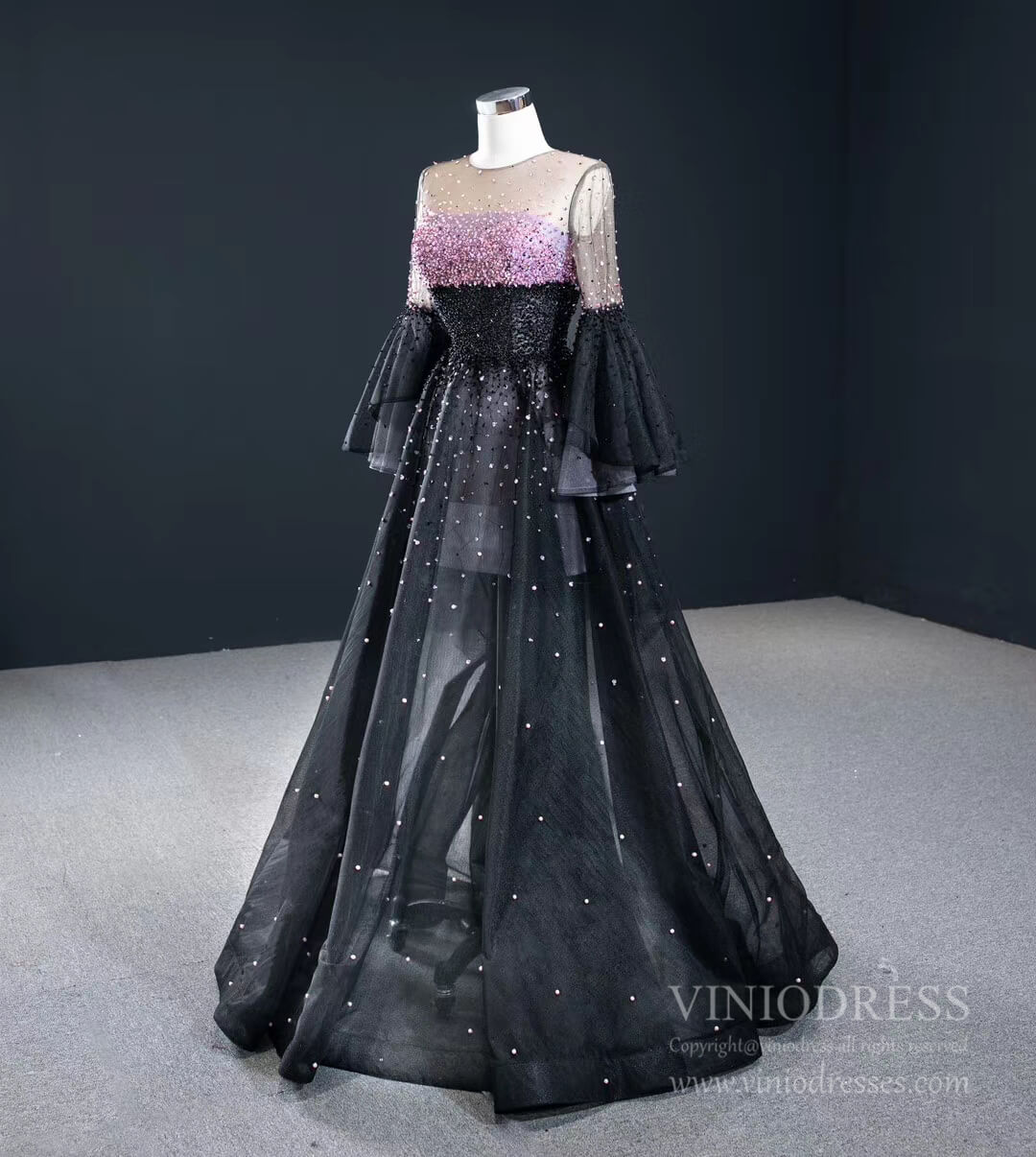 Prom Dress 2025 Sexy Black Prom Dresses Flare Sleeve Beaded Pink Formal Dress FD2440 viniodress-unique prom dresses-As Picture-Custom Size-Viniodress