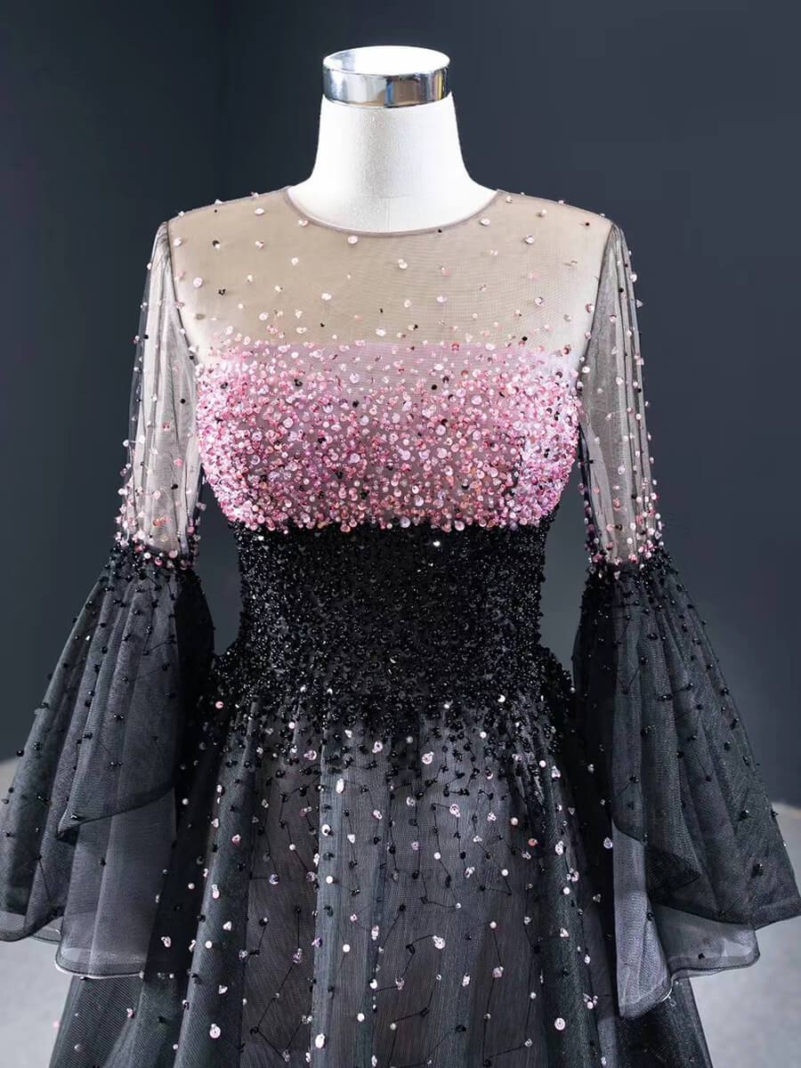 Prom Dress 2025 Sexy Black Prom Dresses Flare Sleeve Beaded Pink Formal Dress FD2440 viniodress-unique prom dresses-As Picture-Custom Size-Viniodress