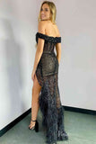 Sexy Black Sequin Mermaid Prom Dresses Sheer High-Low Off the Shoulder Feathers FD4093-prom dresses-Viniodress-Viniodress