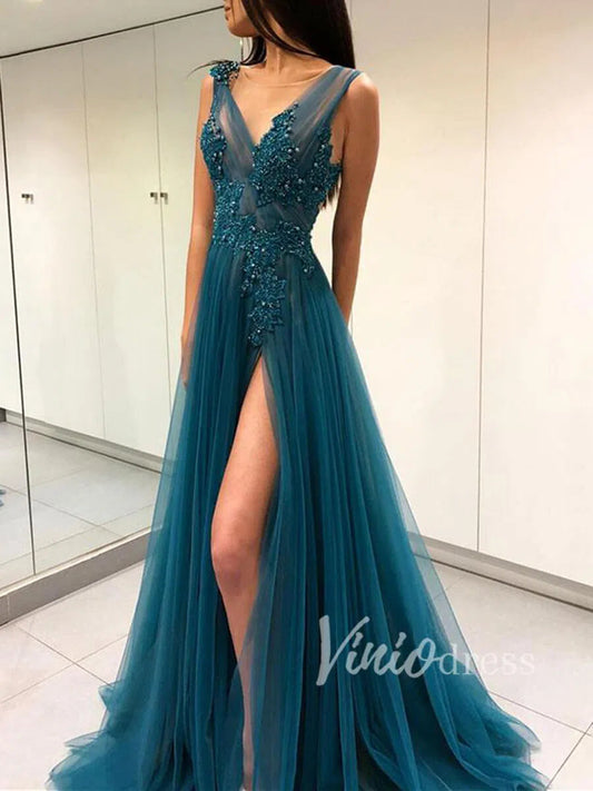 Sexy Blue Long Prom Dresses with Side Slit FD1500-prom dresses 2025 -Viniodress-As Picture-Custom Size-