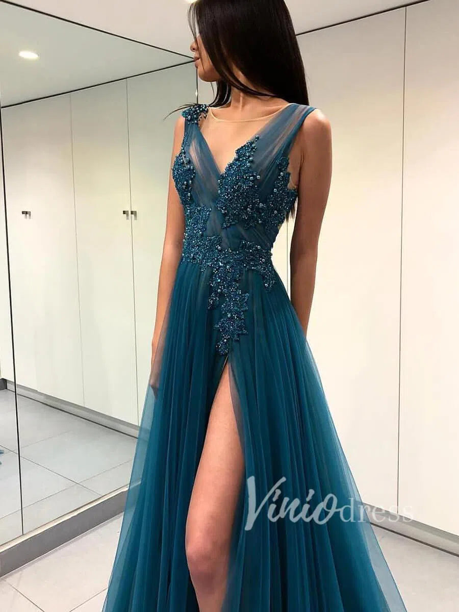 Prom Dress 2025 Sexy Blue Long Prom Dresses with Side Slit FD1500-unique prom dresses-As Picture-Custom Size-Viniodress