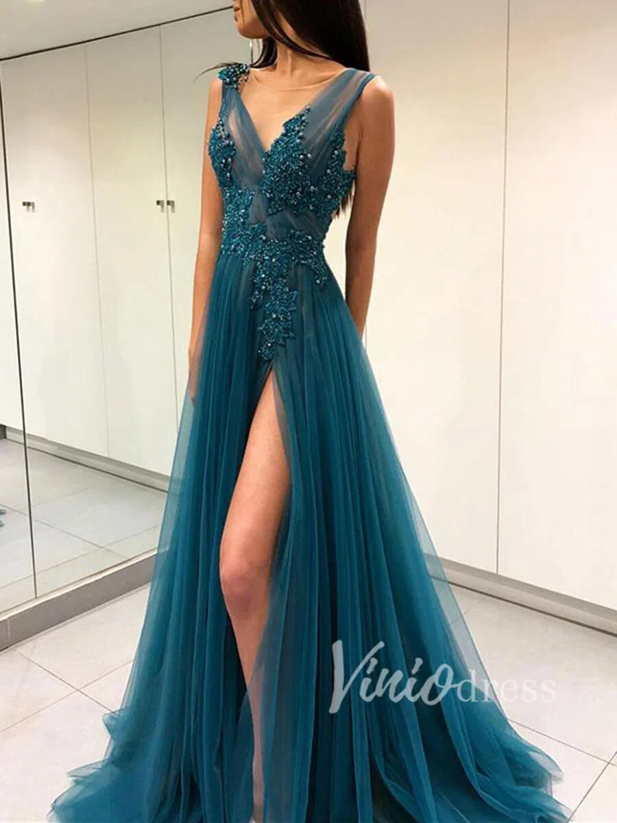 Prom Dress 2025 Sexy Blue Long Prom Dresses with Side Slit FD1500-unique prom dresses-As Picture-Custom Size-Viniodress