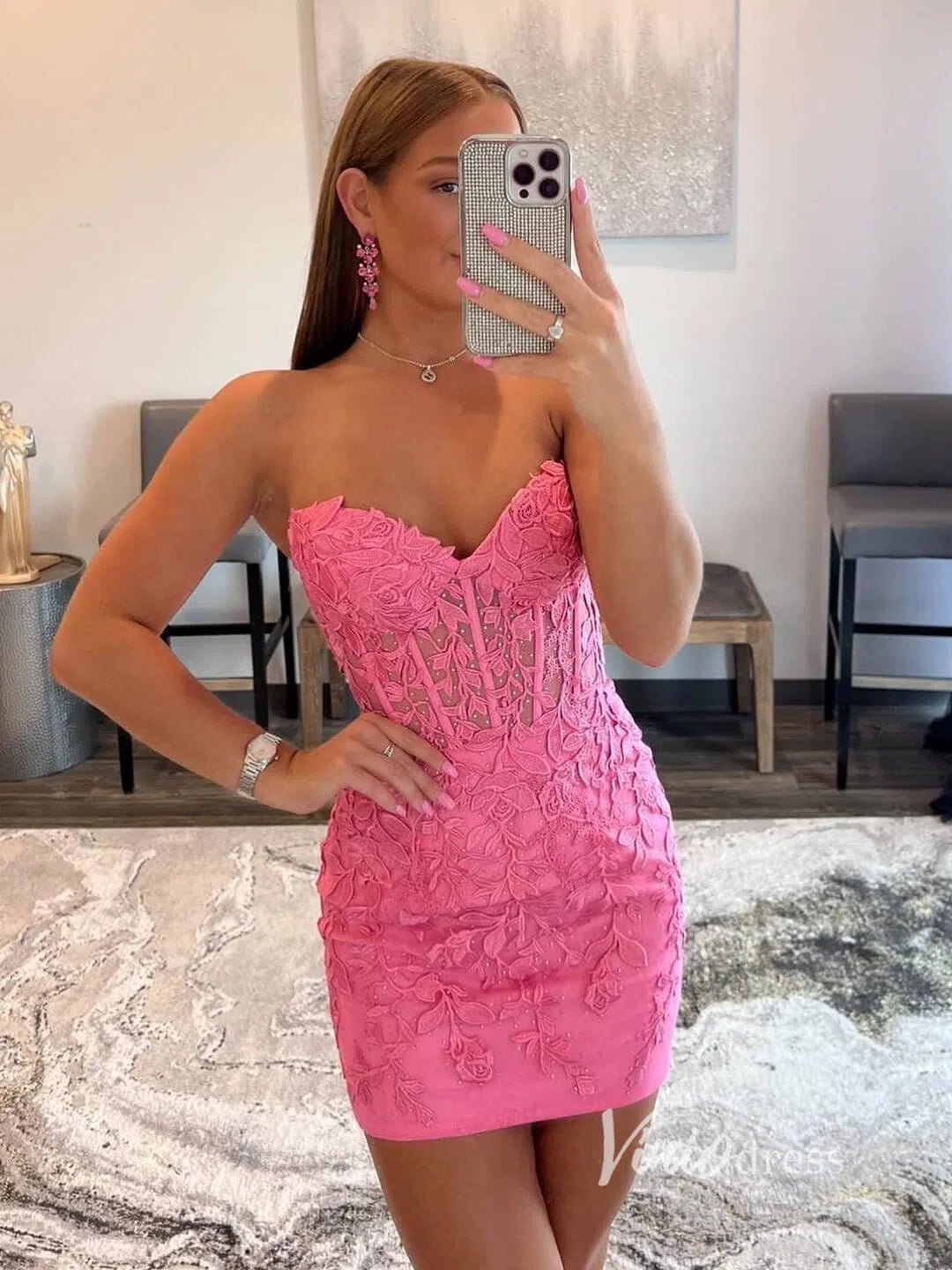 Sexy Bodycon Hoco Dresses Strapless Lace Mini Party Dress SD1240W-Homecoming Dresses 2025 -Viniodress-Hot Pink-Custom Size-