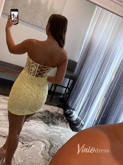 Sexy Bodycon Hoco Dresses Strapless Lace Mini Party Dress SD1240W-Homecoming Dresses 2025 -Viniodress-Hot Pink-Custom Size-