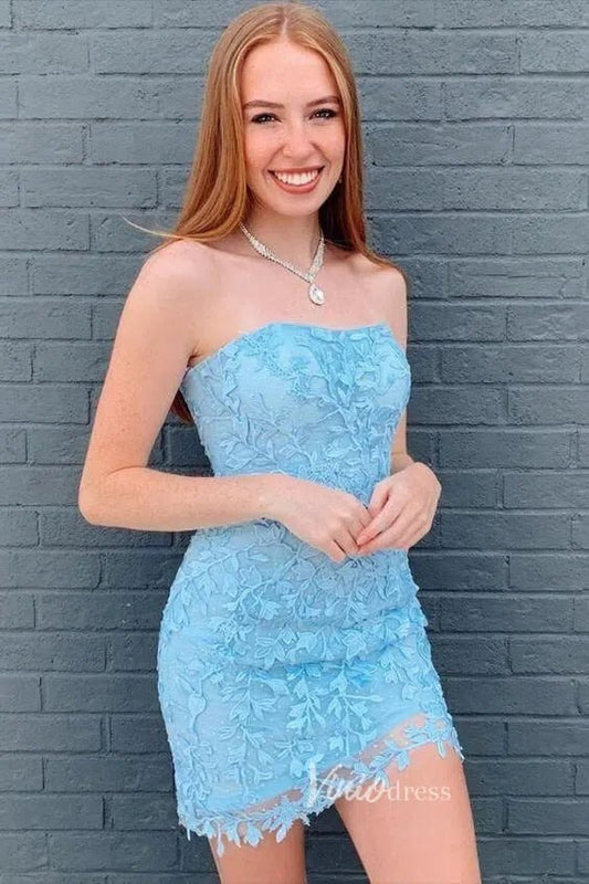 Sexy Bodycon Homecoming Dresses Strapless Tight Lace Mini Prom Dress SD1240S-Homecoming Dresses 2025 -Viniodress-Light Blue-Custom Size-
