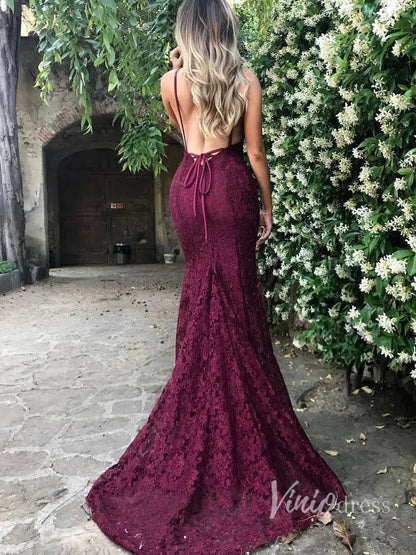 Sexy Burgundy Lace Mermaid Prom Dresses V neck Pageant Dress FD1319-prom dresses 2025 -Viniodress-Burgundy-Custom Size-