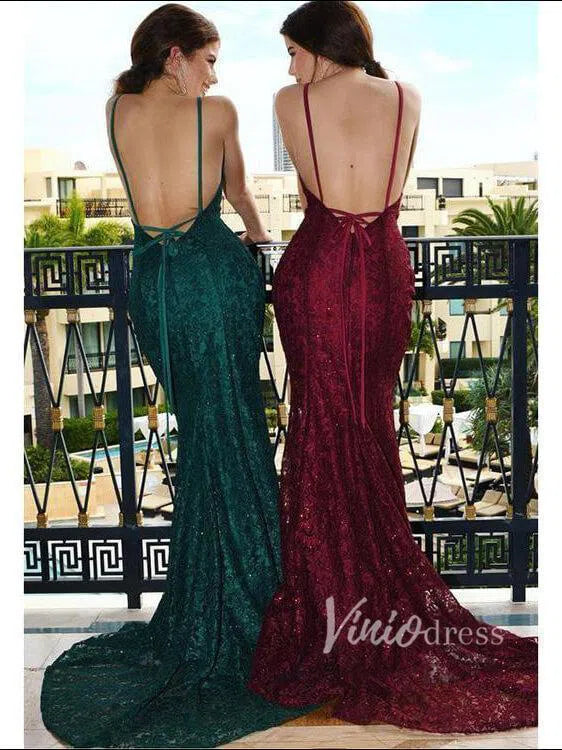 Sexy Burgundy Lace Mermaid Prom Dresses V neck Pageant Dress FD1319-prom dresses-Viniodress-Viniodress