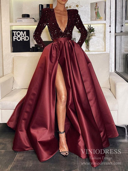 Sexy Deep V-neck Burgundy Satin Prom Dresses with Pockets FD2516-prom dresses 2025 -Viniodress-Burgundy-Custom Size-