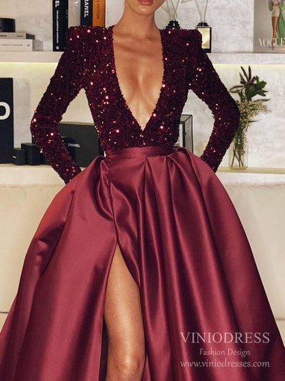 Sexy Deep V-neck Burgundy Satin Prom Dresses with Pockets FD2516-prom dresses 2025 -Viniodress-Burgundy-Custom Size-