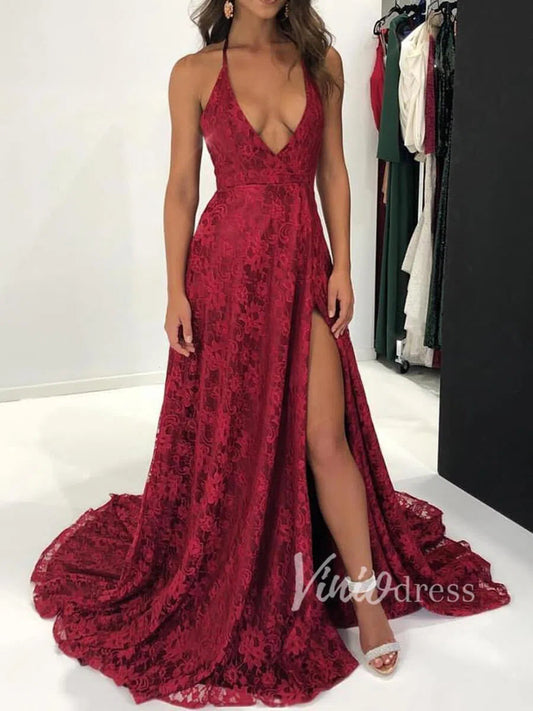 Sexy Halter Burgundy Lace Formal Dresses with Side Slit FD1364-prom dresses 2025 -Viniodress-Burgundy-US 2-