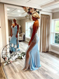 Sexy Light Blue Beaded Satin Mermaid Prom Dresses with Slit Backless FD3668-prom dresses-Viniodress-Viniodress